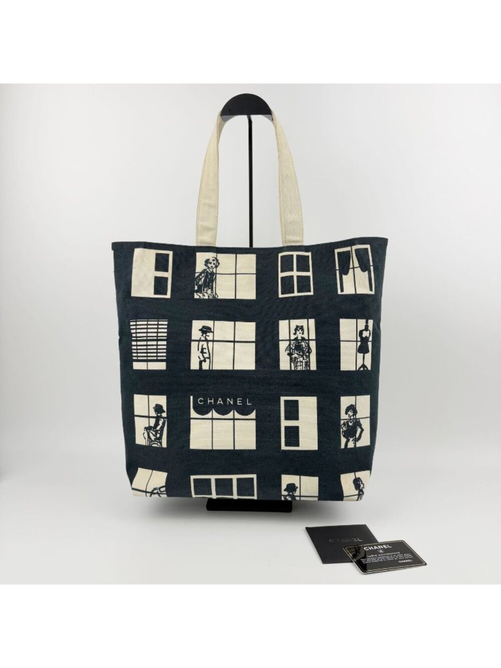 Chanel Window Pattern CC Logo Tote Canvas Black Ivory Silver Vintage